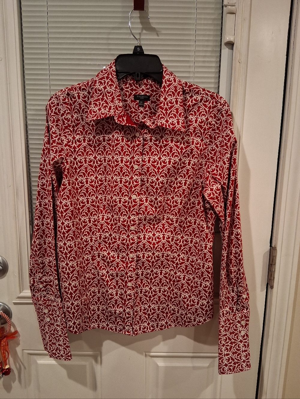 Talbots Red and White Scroll-Print Button-Up Blouse SKU75
